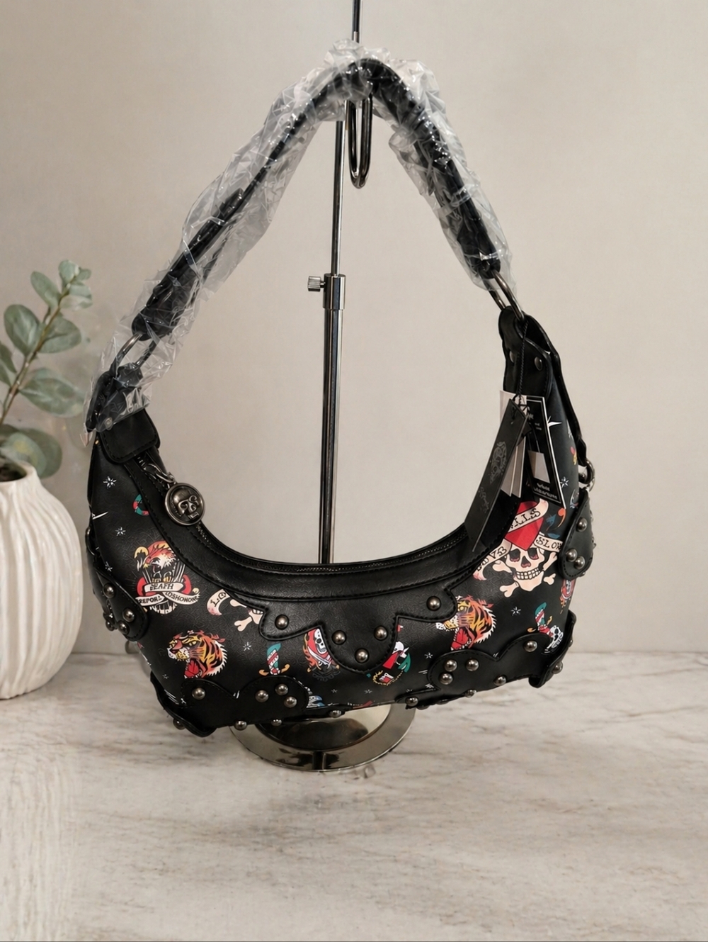Ed Hardy Black Tattoo Shoulder Bag Studded Hobo Purse Skull Tiger Print NWT